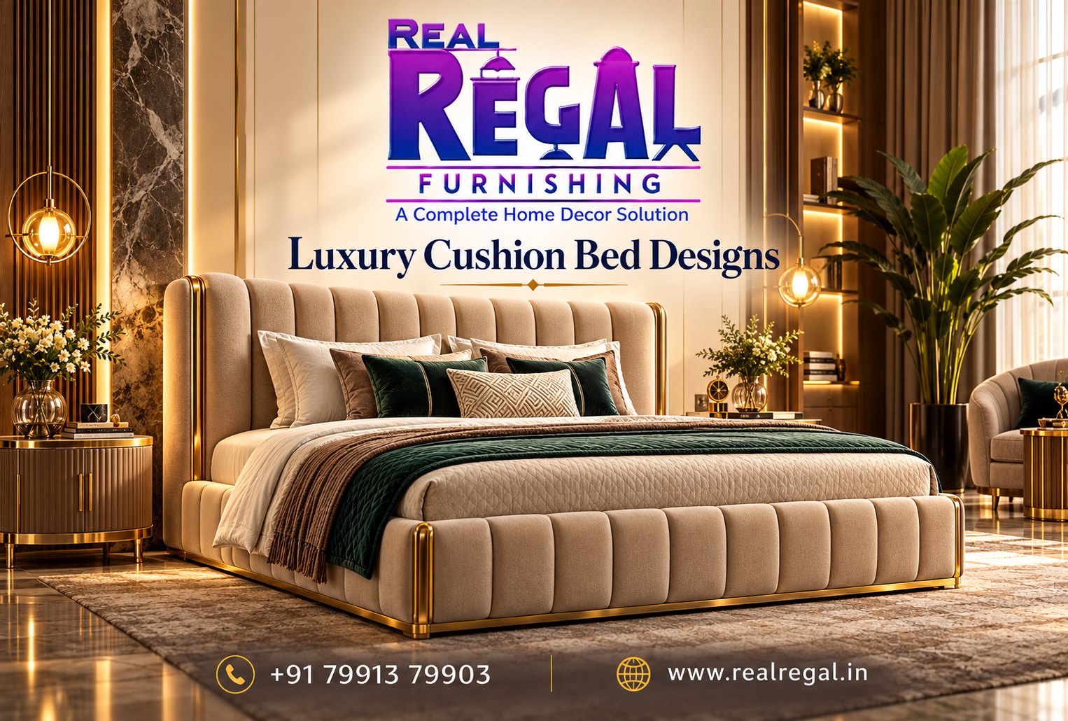 Luxury Cushion Bed Designs featuring premium upholstered headboards and elegant modern bedroom furniture by Real Regal Furnishing