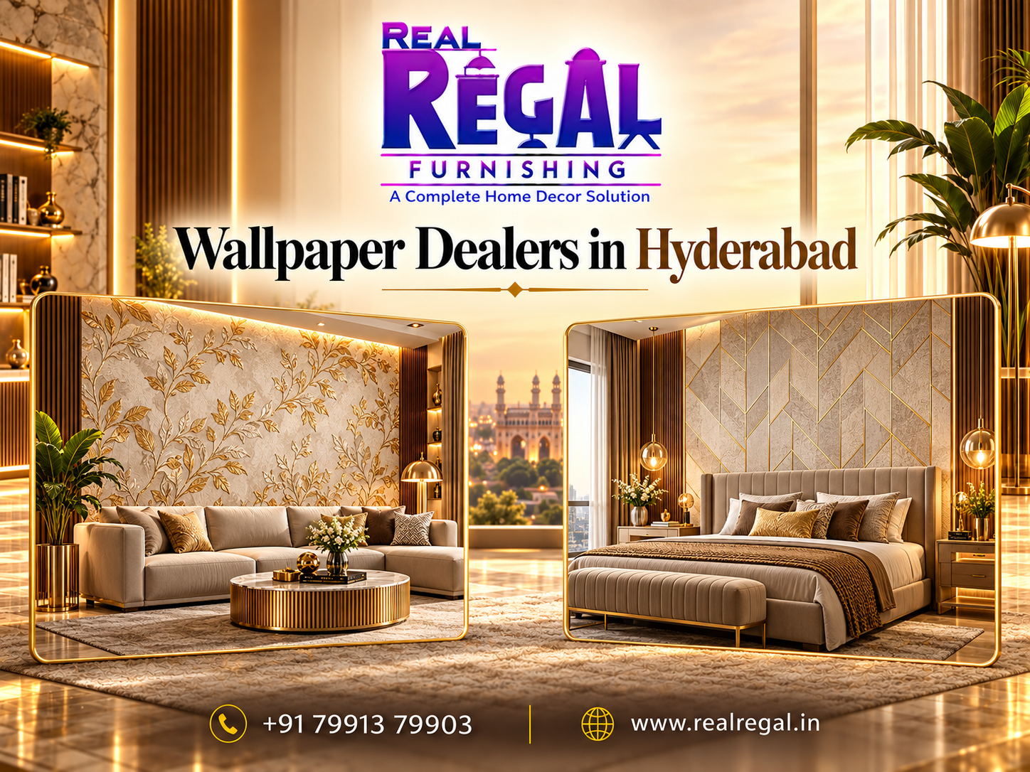 Best Wallpaper Dealers in Hyderabad offering premium modern wallpaper designs for living rooms, bedrooms, and home interiors at Real Regal Furnishing.