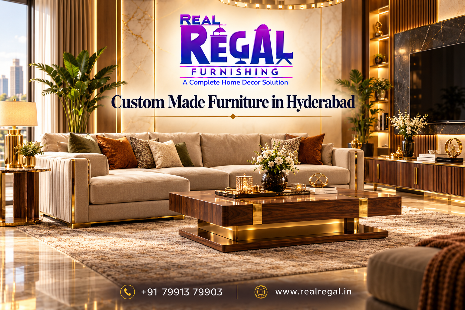 Custom Made Furniture in Hyderabad featuring luxury sofas, modern living room furniture and customized home interiors by Real Regal Furnishing