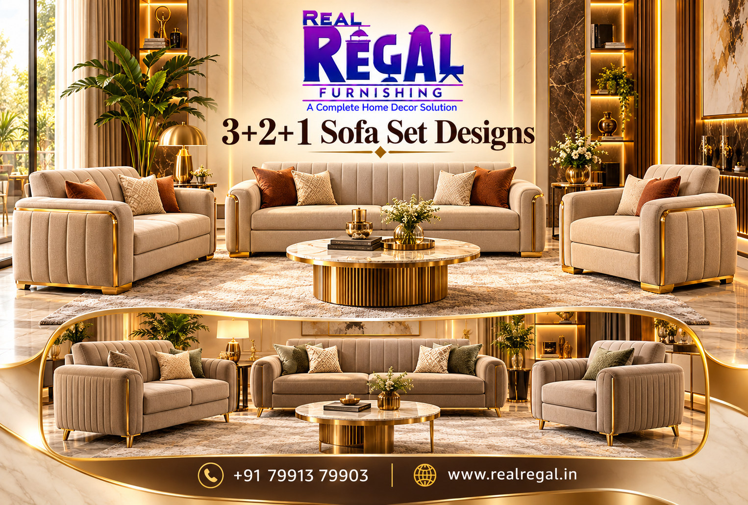 Premium 3+2+1 sofa set designs featuring elegant three-seater, two-seater and single-seater sofas for family living rooms.