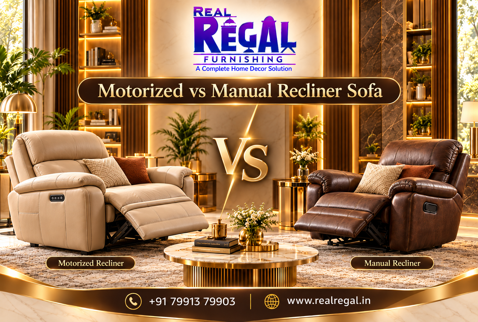 Motorized Recliner Sofa vs Manual Recliner Sofa comparison showing modern and comfortable recliner sofa designs in Hyderabad