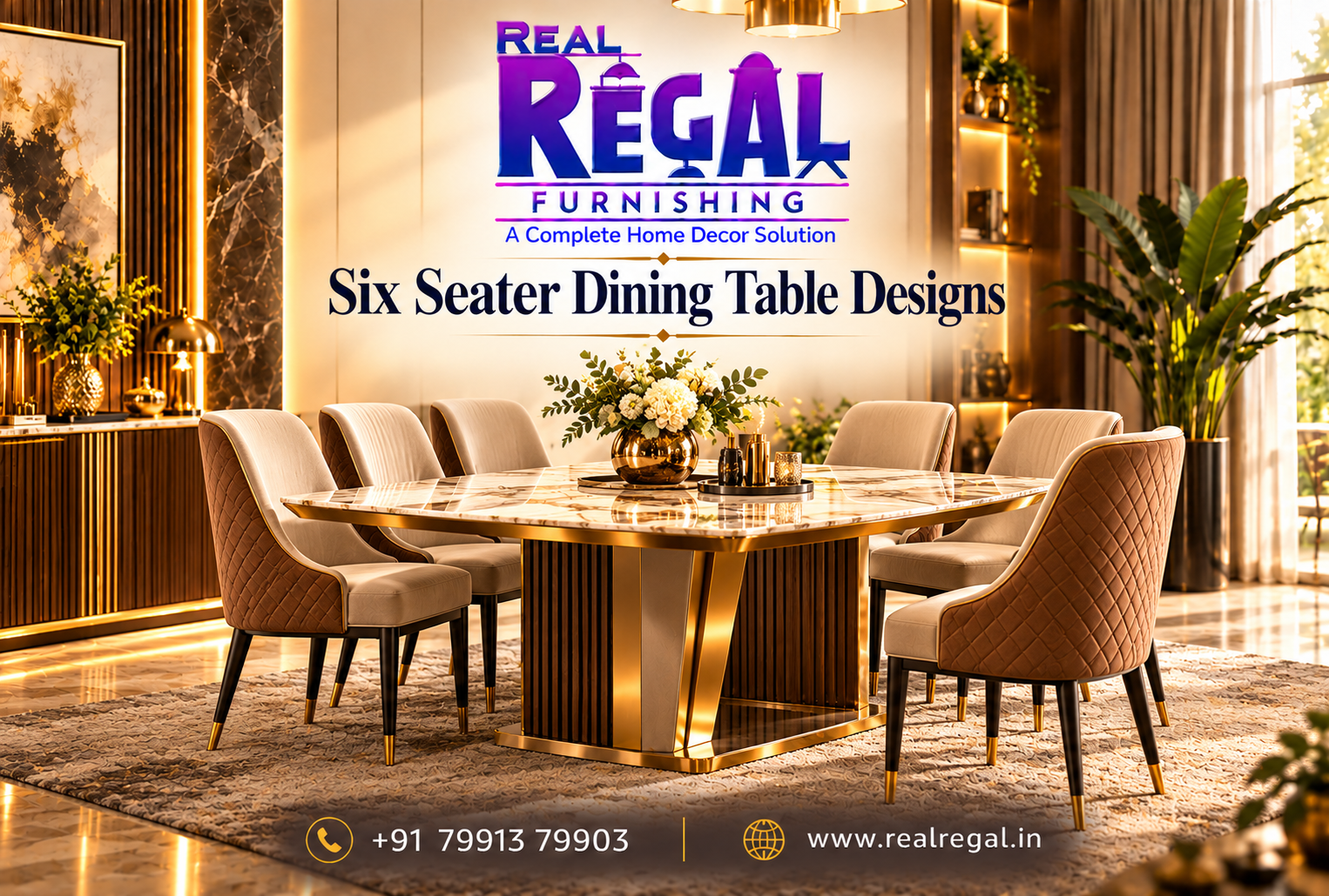 Modern Six Seater Dining Table Designs featuring an elegant wooden dining table with six comfortable chairs for contemporary homes.