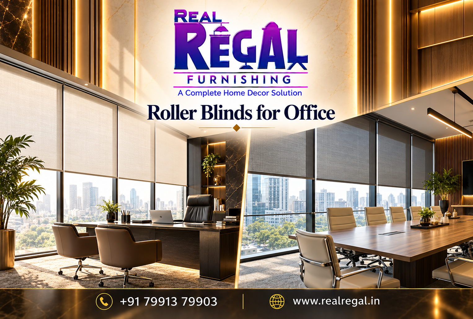 Modern designer roller blinds for office windows providing privacy, sunlight control and elegant workplace interiors in Hyderabad.