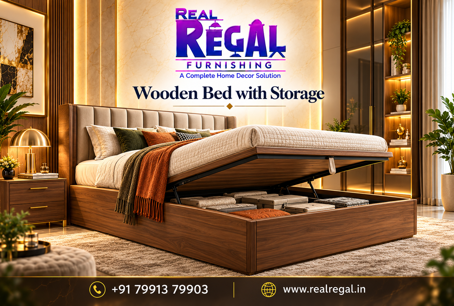 Modern Wooden Bed with Storage featuring elegant headboard, spacious under-bed compartments, and premium bedroom furniture design