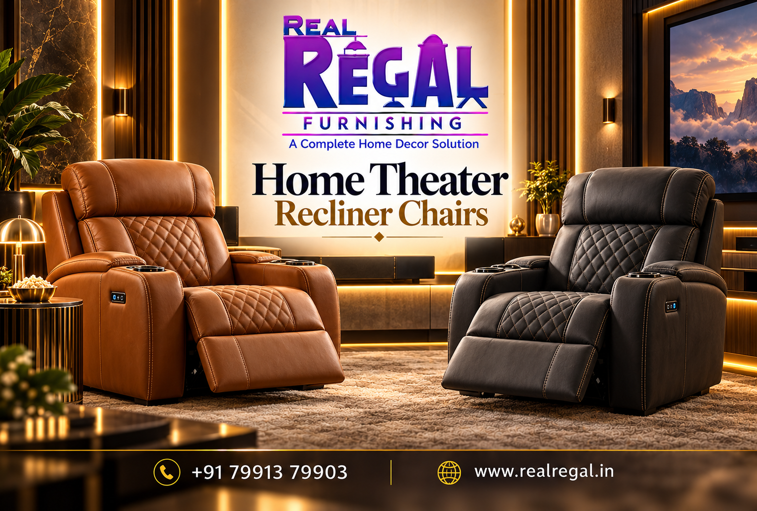 Premium Home Theater Recliner Chairs in Hyderabad with comfortable seating and luxury designs by Real Regal Furnishing
