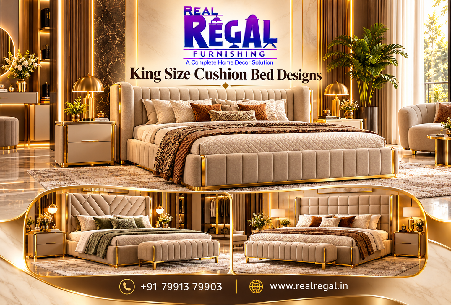 Luxury King Size Cushion Bed Designs with elegant upholstered headboards, soft padding and modern bedroom furniture in Hyderabad
