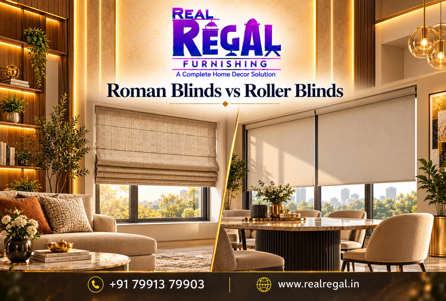 Roman Blinds vs Roller Blinds comparison for modern home windows featuring elegant Roman blinds and minimalist roller blinds